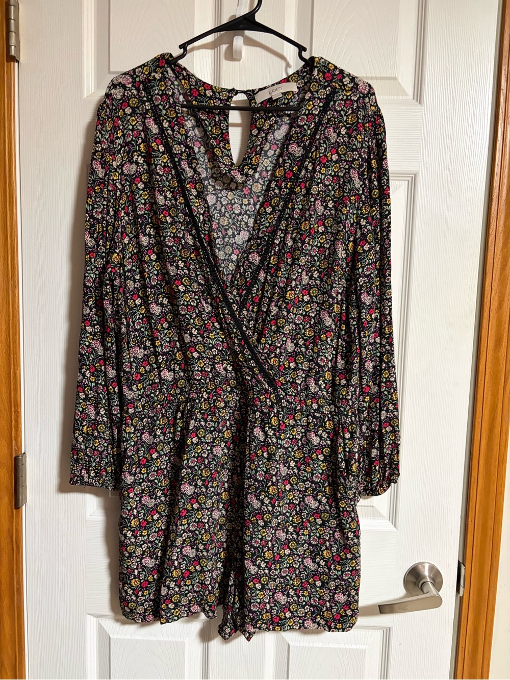 LOFT Black Floral Romper with Pink, Yellow & Green Accents